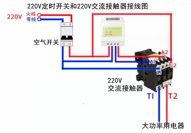 220V定時(shí)開(kāi)關(guān)和220V交流接觸器接線(xiàn)圖
